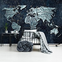 Флизелиновые фотообои в интерьере стиль лофт 254x184 см 3Д Карта мира из металла на темно-синем фоне (10385V4)+клей