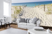 Флизелиновые фотообои для спальни 416x254 см 3Д Песчаный пляж и вид на море (10387VEXXXL) +клей