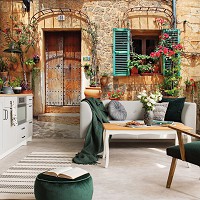 Флизелиновые фото обои 312x219 см 3Д Красивый фасад дома с цветами в горшках (10388VEXXL)+клей