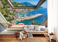 Флизелиновые фотообои в спальню природа 312x219 см 3Д Вид из мансардного окна на море и горы (10389VEXXL) +клей