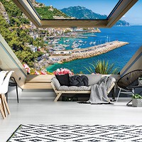 Природа флизелиновые фотообои 3Д Вид из мансардного окна на море и горы (10389V)+клей