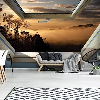 Флизелиновые фотообои 3D 254x184 см Вид из мансардного окна на туманные горы (10390V4)+клей