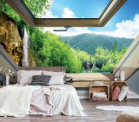 Флизелиновые фотообои с перспективой для кухни 3D 368х254 см Вид на водопад и лес из окна (10391V8)+клей