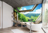 Флизелиновые фотообои 416x254 см 3Д Вид из мансардного окна на водопад в лесу (10391VEXXXL) +клей