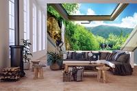 Флизелиновые фотообои летний пейзаж 416x290 см 3Д Вид из мансардного окна на водопад в лесу (10391VEXXXXL) +клей