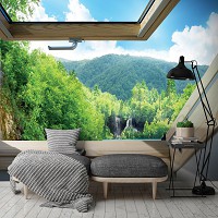 Флизелиновые фотообои 520x318 см 3Д Вид из мансардного окна на водопад в лесу (10391VEXXXXXL) +клей