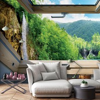 Моющиеся флизелиновые фотообои 3Д Вид из мансардного окна на водопад в лесу (10391V)+клей