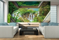 Флизелиновые фотообои 3Д Вид из мансардного окна на большой водопад (10392V)+клей