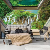 3д флизелиновые фотообои 368x280 см Вид из мансардного окна на большой водопад (10392V10) +клей