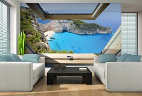 Флизелиновые фотообои в интерьере природа 460x300 см 3Д Вид из мансардного окна на горы и море (10393V12) +клей
