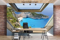 Флизелиновые фотообои для зала природа 312x219 см 3Д Вид из мансардного окна на горы и море (10393VEXXL) +клей