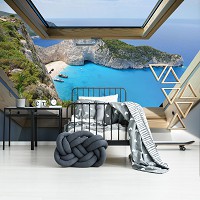 Флизелиновые фотообои в гостиную природа 3Д Вид из мансардного окна на горы и море (10393V)+клей