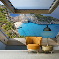 Флизелиновые фотообои в спальню природа 368x280 см 3Д Вид из мансардного окна на горы и море (10393V10) +клей