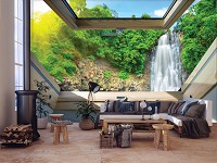 Флизелиновые фотообои пейзаж природа 368x254 см 3Д Вид из мансардного окна на водопад (10394V8) +клей