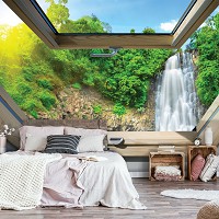 Флизелиновые фотообои в спальню природа 416x254 см 3Д Вид из мансардного окна на водопад (10394VEXXXL) +клей