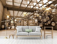 Флизелиновые фотообои абстракция в интерьере 416x254 см 3Д Большая комната со стальными шарами (10396VEXXXL) +клей