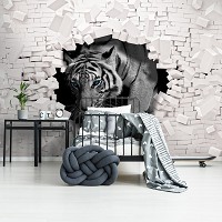 Флизелиновые фото обои 254 x 184 см 3Д Тигр выходит из кирпичной стены (10400V4)+клей