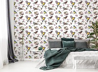 Флизелиновые фотообои с цветами на стену 312x219 см Маленькие птички и цветочные узоры (10401VEXXL)+клей