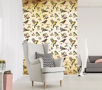 Флизелиновые фотообои для стен птицы Винтажный Стиль 206x275 см Маленькие птички и цветочные узоры (10402VEA)+клей