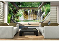 Природа флизелиновые фотообои 3Д Вид из мансардного окна на лес с водопадом (10408V)+клей