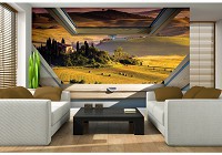 Флизелиновые фотообои на кухню с перспективой 312x219 см 3Д Вид из мансардного окна на пейзаж Тосканы (10411VEXXL) +клей