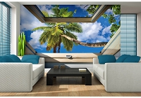 Флизелиновые фотообои облака 416x290 см 3Д Вид из мансардного окна на пальму на фоне неба (10414VEXXXXL) +клей