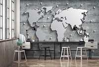 Флизелиновые обои 3Д Стиль лофт фото 368x254 см Карта мира из металла на бетонной стене  (10420V8)+клей