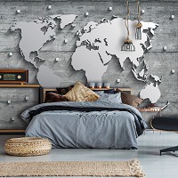 Флизелиновые фотообои в интерьере 368x280 см Карта мира из металла на бетонной стене (10420V10) +клей