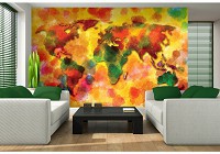 Красивые флизелиновые фотообои на кухню Акварельная красочная карта мира (10423V)+клей