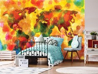 Флизелиновые фотообои красивые 416x254 см Акварельная красочная карта мира (10423VEXXXL) +клей