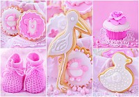 Детские флизелиновые фотообои для девочек малышей 312x219см Розовый коллаж Детская обувь и кексы  (10445VEXXL)+клей