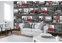 Флизелиновые фотообои города 312x219 см Черно-белый коллаж с видами на Лондон (10455VEXXL) +клей