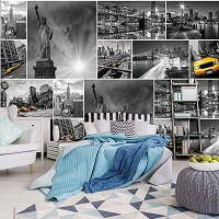 Флизелиновые фотообои для спальни 368x280 см Черно-белый коллаж с видами города Нью-Йорк (10461V10) +клей