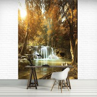 Флизелиновые 3Д фотообои на стену деревья 184x254 см Водопад в осеннем лесу (10470V4A)+клей