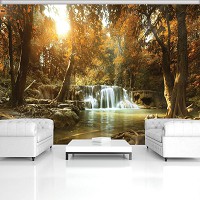 Флизелиновые 3д фотообои деревья 416x254 см Водопад в осеннем лесу (10470VEXXXL) +клей