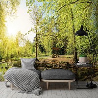 Флизелиновые фотообои в гостиную 3Д Природа Солнечные Лучи Деревья 312x219см Зеленый лес с ручейком 10508VEXXL+клей