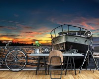 Флизелиновые фотообои небо закат 3Д Яхта Корабль Ландшафт 312x219 см Лодка на море (10520VEXXL)+клей