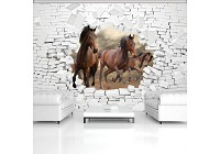 Смішні тварини флізелінові фотошпалери 254x184 см 3D коні та цегляна стіна (10606V4)+клей