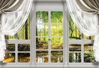 Флізелінові 3д фотошпалери у вітальню природа 460x300 см Сонячний ліс за великими вікнами зі шторами (10620V12) +клей - вид 1 мініатюра