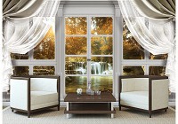 Флизелиновые 3Д фотообои в гостиную природа Вид из большого окна со шторами на осенний водопад (10621V)+клей