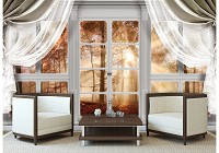 Красивая природа флизелиновые 3Д фотообои 254x184 см Вид из большого окна со шторами  на осенний лес (10622V4)+клей