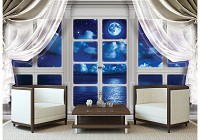 Флизелиновые 3д фотообои 416x254 см Ночное небо за большим окном со шторами (10625VEXXXL) +клей