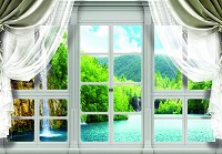 Флізелінові 3д фотошпалери краєвид 312x219 см Вид з великого вікна з шторами на красивий водоспад (10626VEXXL) +клей - вид 1 мініатюра