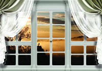 Флизелиновые 3д фотообои лес 520x318 см Вид из большого окна со шторами на туманные горы (10627VEXXXXXL) +клей - вид 1 миниатюра