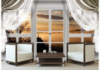 Закат флизелиновые 3д фотообои 312x219 см Вид из большого окна со шторами на туманные горы (10627VEXXL) +клей