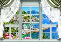 Флизелиновые фотообои природа 416x254 см 3D Живописный вид из большого окна со шторами на море (10628VEXXXL) +клей - вид 1 миниатюра