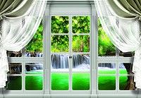 3d флизелиновые фотообои природа 520x318 см Вид из большого окна со шторами на тропический водопад (10629VEXXXXXL) +клей - вид 1 миниатюра