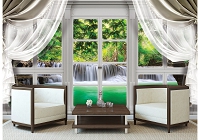 3d флизелиновые фотообои природа 520x318 см Вид из большого окна со шторами на тропический водопад (10629VEXXXXXL) +клей