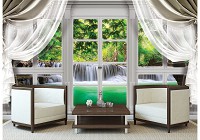 Красивые флизелиновые фотообои с природой 254x184 см 3D Вид из большого окна на тропический водопад (10629V4)+клей