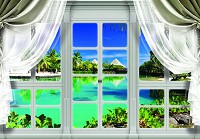 Флизелиновые фотообои 520x318 см 3D Вид из большого окна со шторами на Гавайи (10630VEXXXXXL) +клей - вид 1 миниатюра